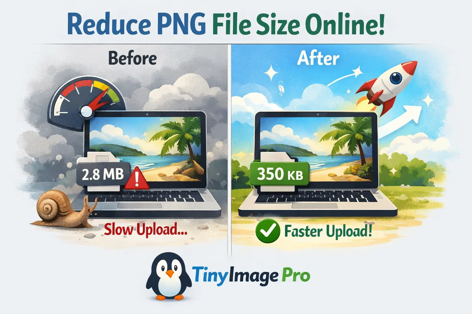 Before and after image compression comparison - reduce PNG file size from 2.8MB to 350KB with TinyImagePro